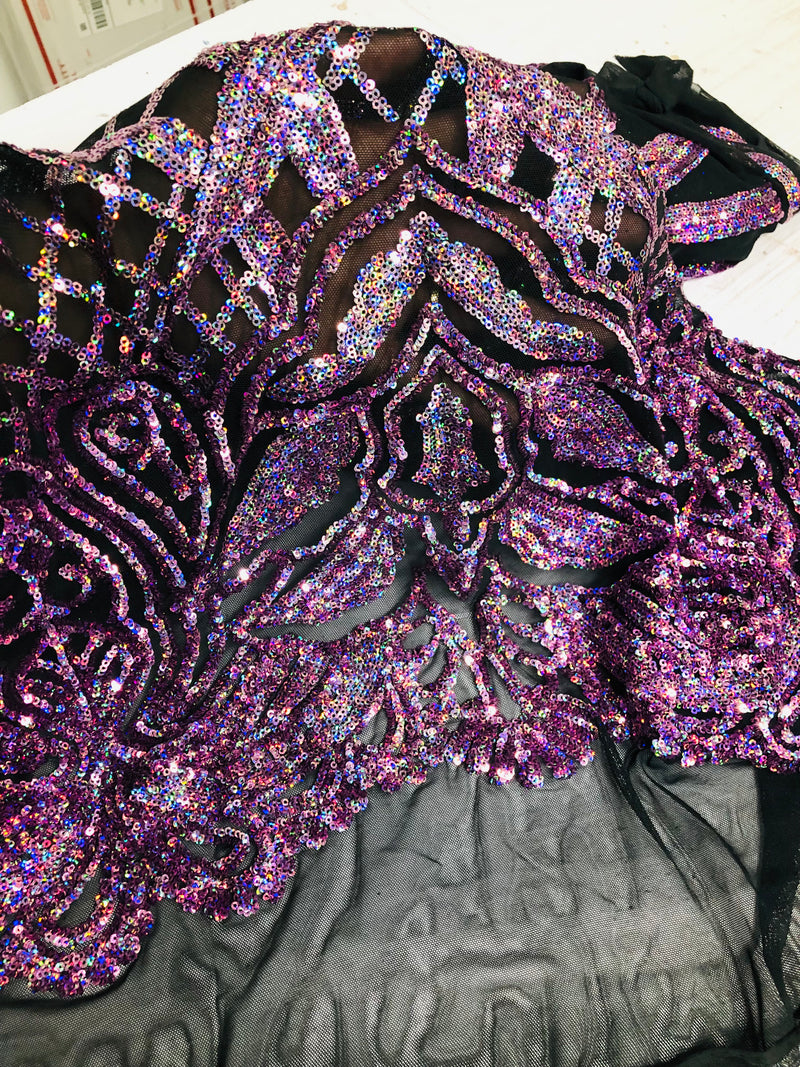 Holographic Sequin Fabric - 4 Way Stretch Sequins Design on Black Mesh By Yard
