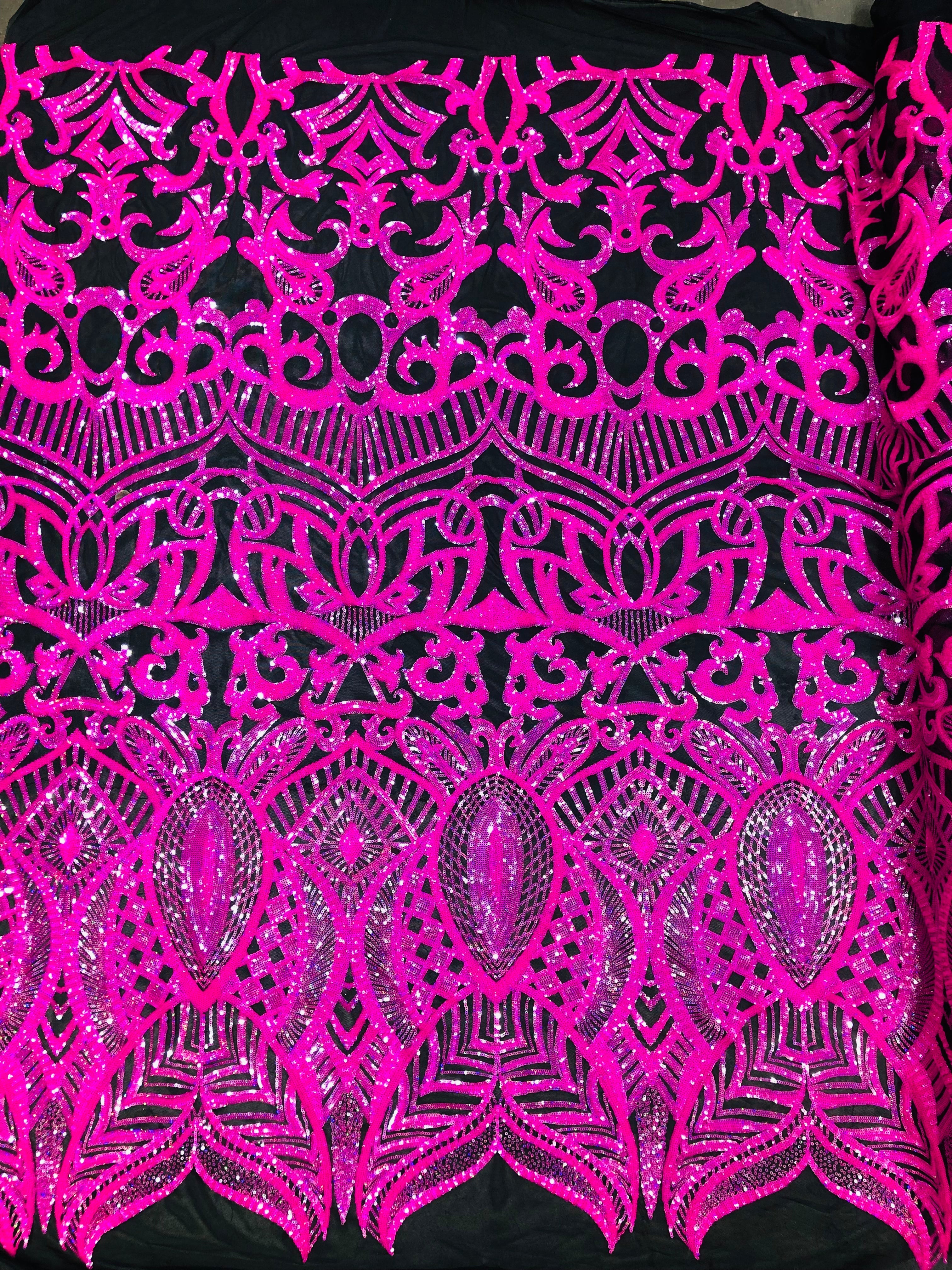 Hot Pink Iridescent  - 4 Way Stretch Embroidered Royalty Sequins Design Fabric