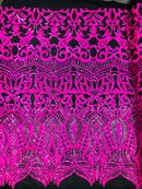 6 Yards Hot Pink Iridescent  - 4 Way Stretch Embroidered Royalty Sequins Design Fabric