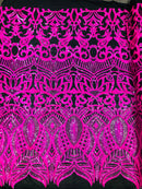 Hot Pink Iridescent  - 4 Way Stretch Embroidered Royalty Sequins Design Fabric