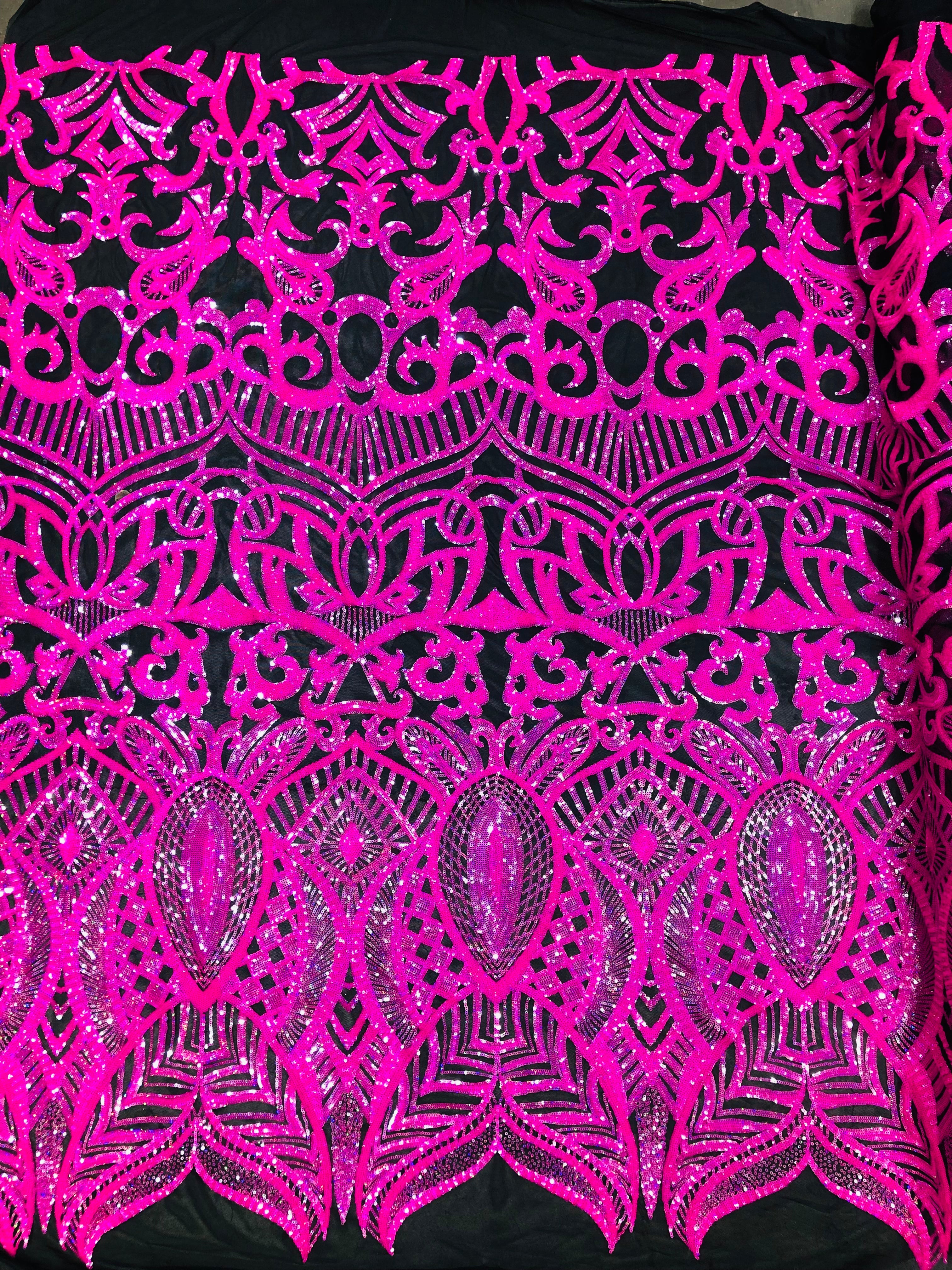 6 Yards Hot Pink Iridescent  - 4 Way Stretch Embroidered Royalty Sequins Design Fabric