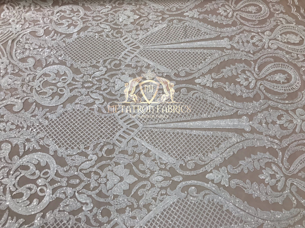 Sequins - White on Nude Mesh - 4 Way Stretch Fancy Fabric Embroidered On Mesh Sold By The Yard