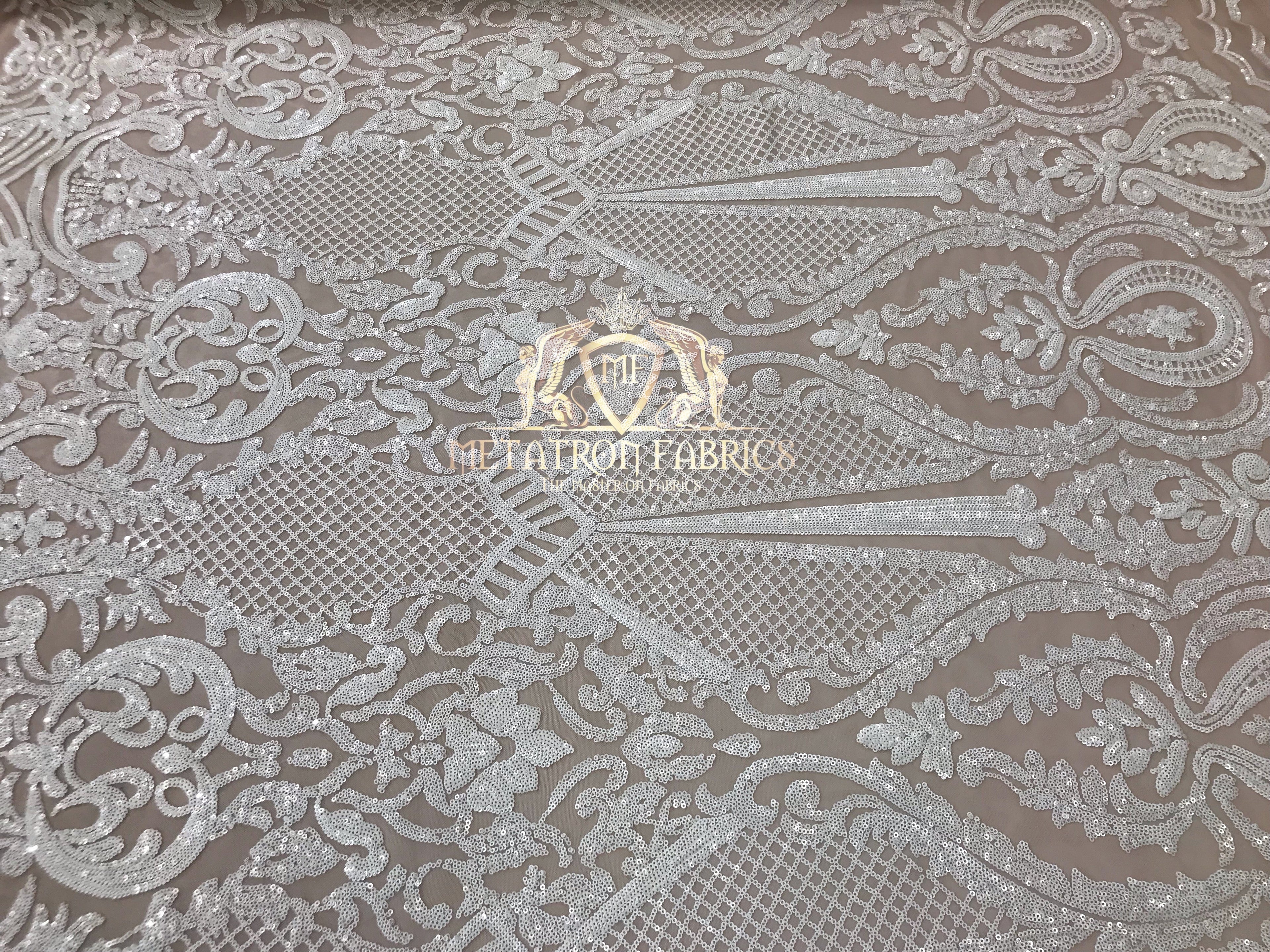 Sequins - White on Nude Mesh - 4 Way Stretch Fancy Fabric Embroidered On Mesh Sold By The Yard