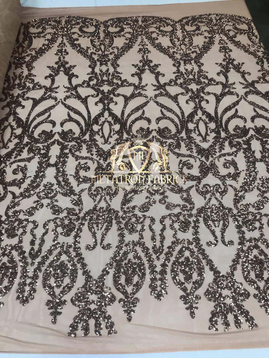 4 Way Stretch - Dusty Rose - Sequins Damask Design Fabric Embroidered On Mesh Sold By The Yard