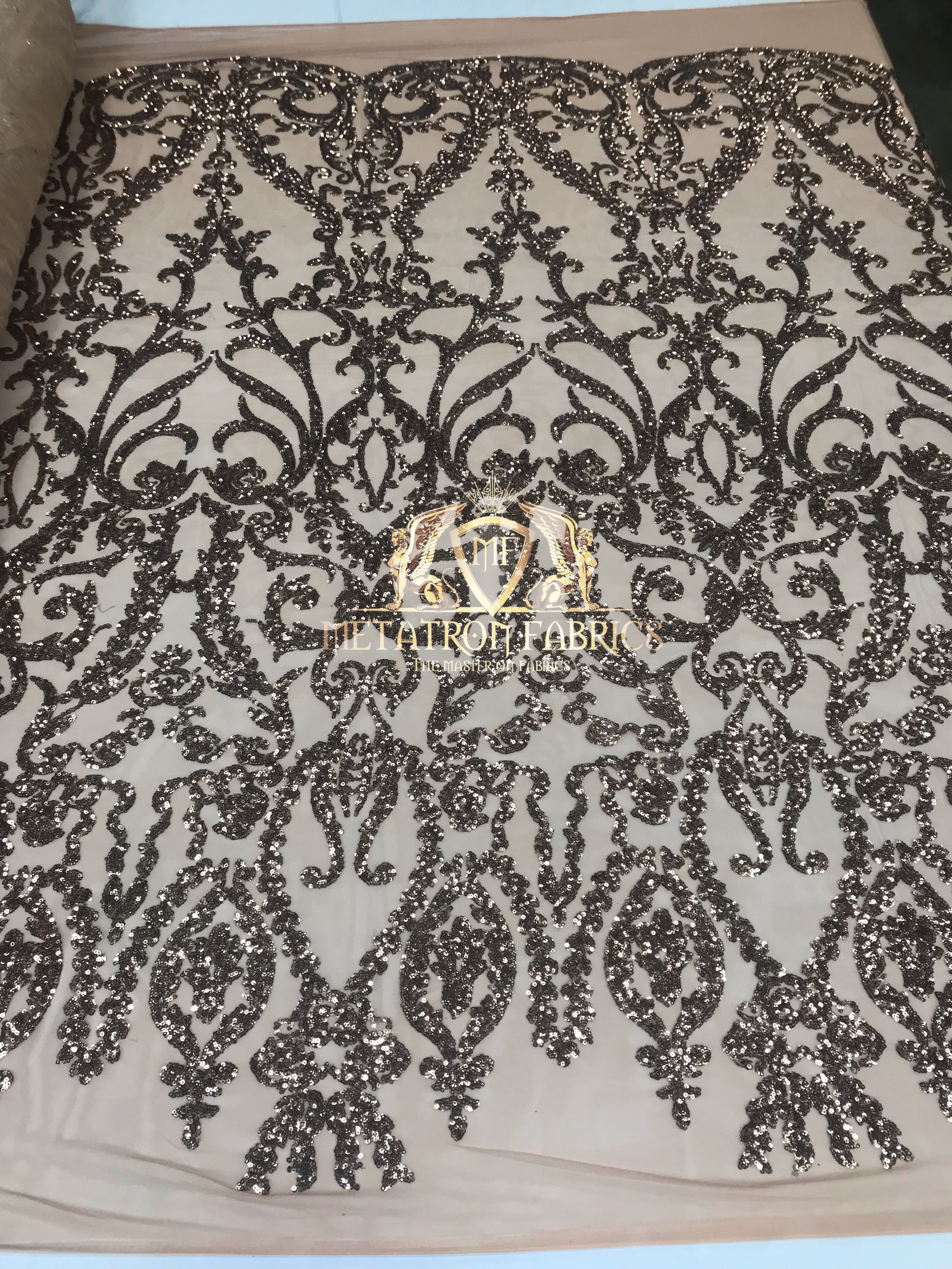 4 Way Stretch - Dusty Rose - Sequins Damask Design Fabric Embroidered On Mesh Sold By The Yard