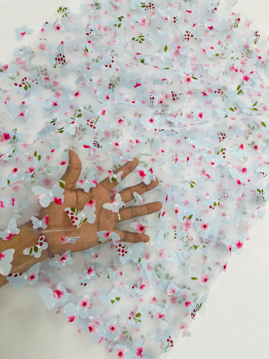 3D Butterfly Design Lace - Floral Print Blue - Embroidered Lace with 3D Butterfly Design By Yard