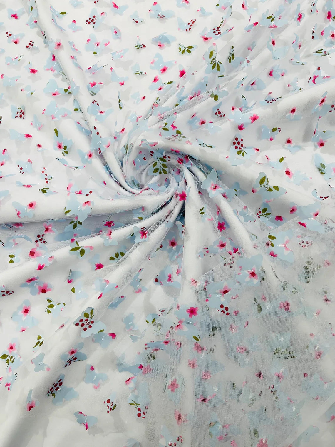 3D Butterfly Design Lace - Floral Print Blue - Embroidered Lace with 3D Butterfly Design By Yard
