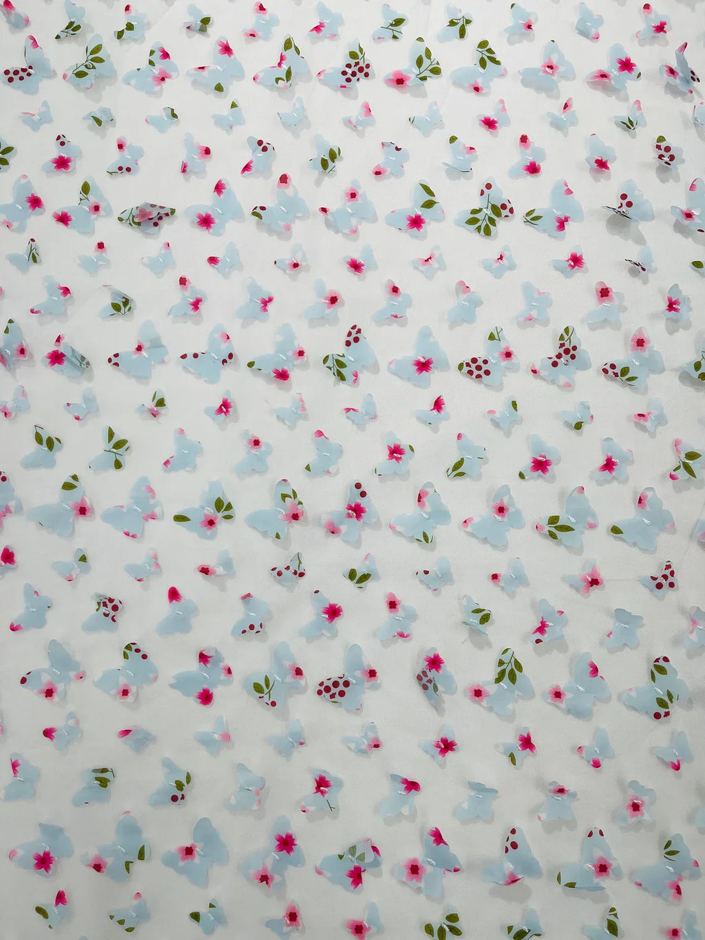 3D Butterfly Design Lace - Floral Print Blue - Embroidered Lace with 3D Butterfly Design By Yard