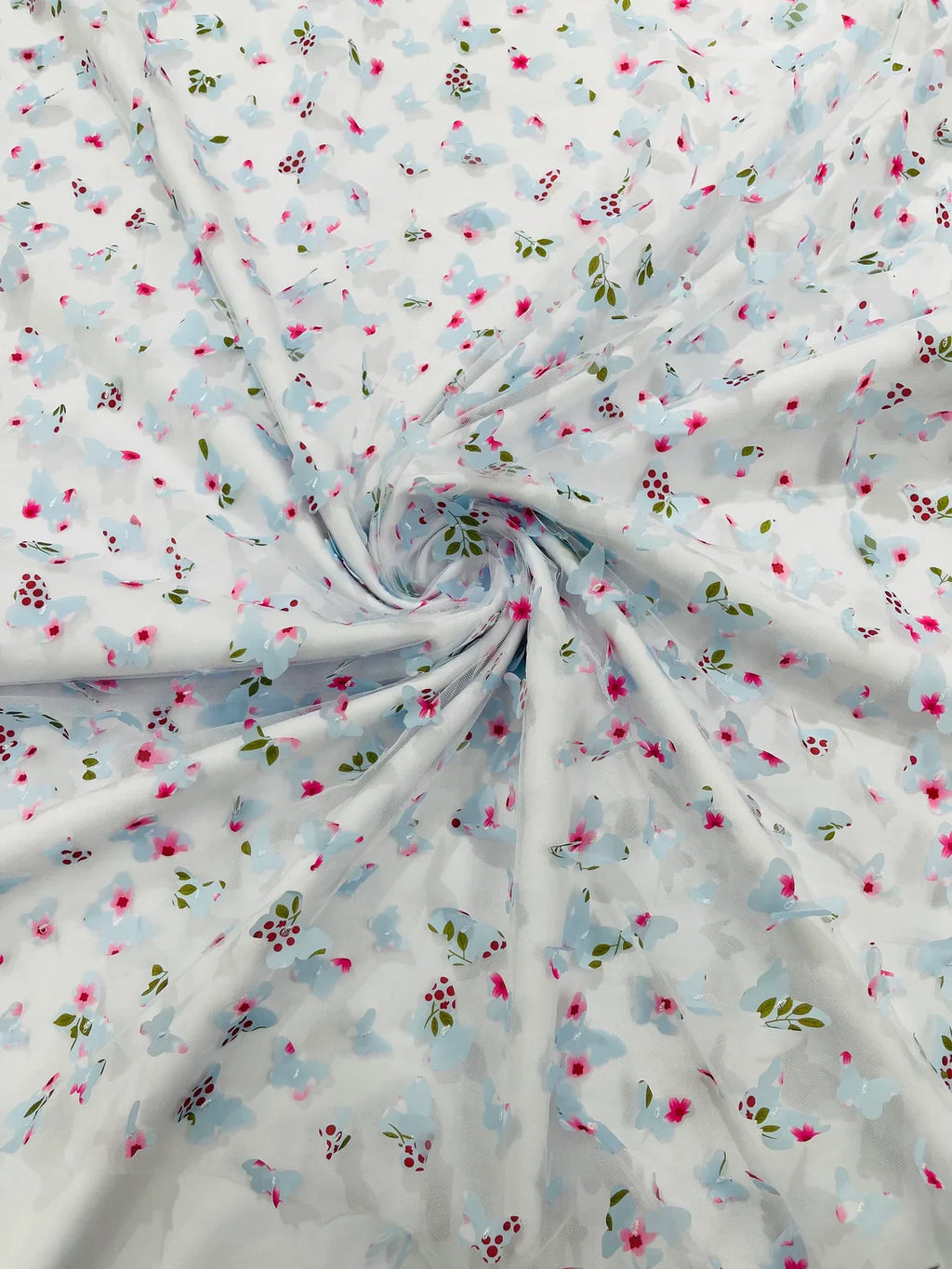 3D Butterfly Design Lace - Floral Print Blue - Embroidered Lace with 3D Butterfly Design By Yard