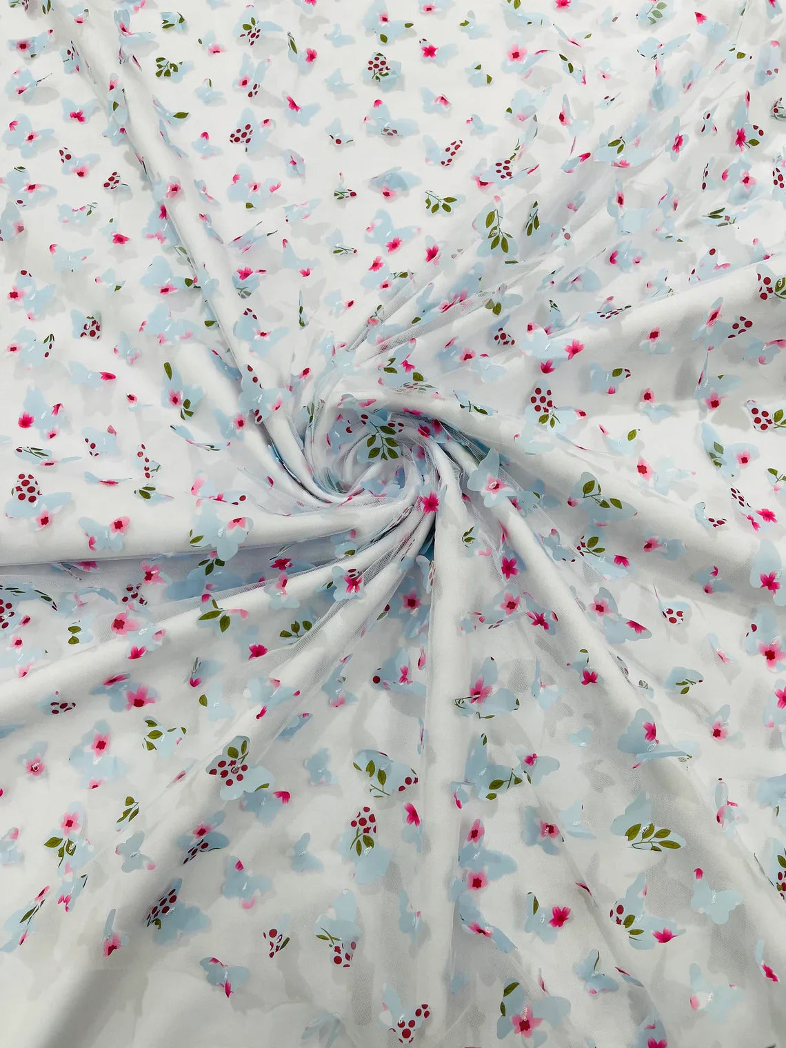 3D Butterfly Design Lace - Floral Print Blue - Embroidered Lace with 3D Butterfly Design By Yard