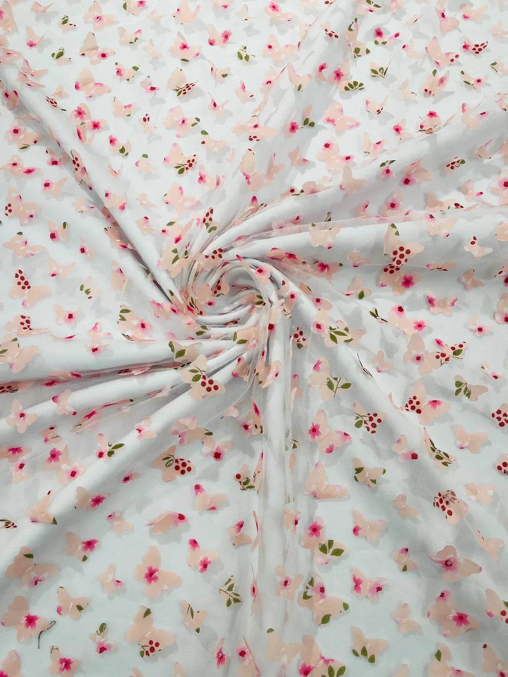 3D Butterfly Design Lace - Floral Print Pink - Embroidered Lace with 3D Butterfly Design By Yard
