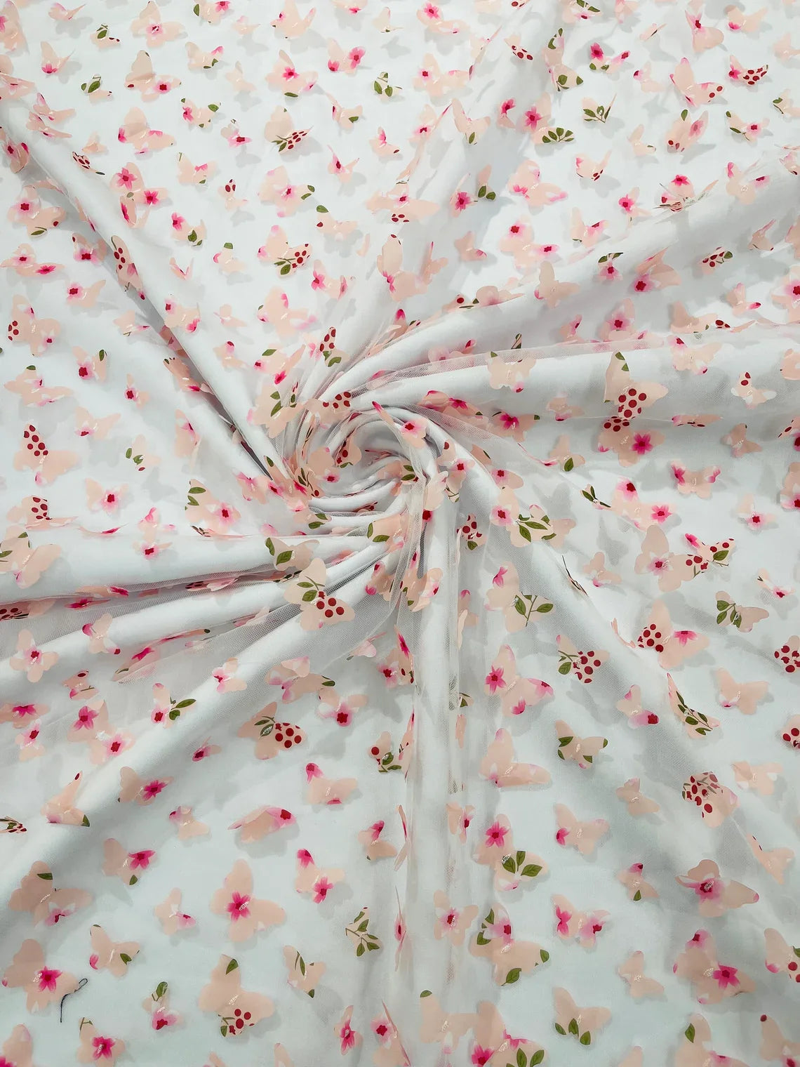 3D Butterfly Design Lace - Floral Print Pink - Embroidered Lace with 3D Butterfly Design By Yard