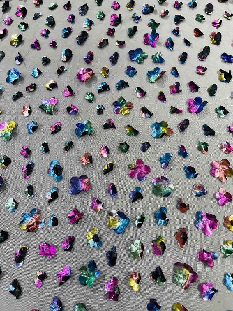 3D Holographic Rainbow Fabric - 3D Rainbow Foil Flowers on Solid Black Mesh Sold By Yard