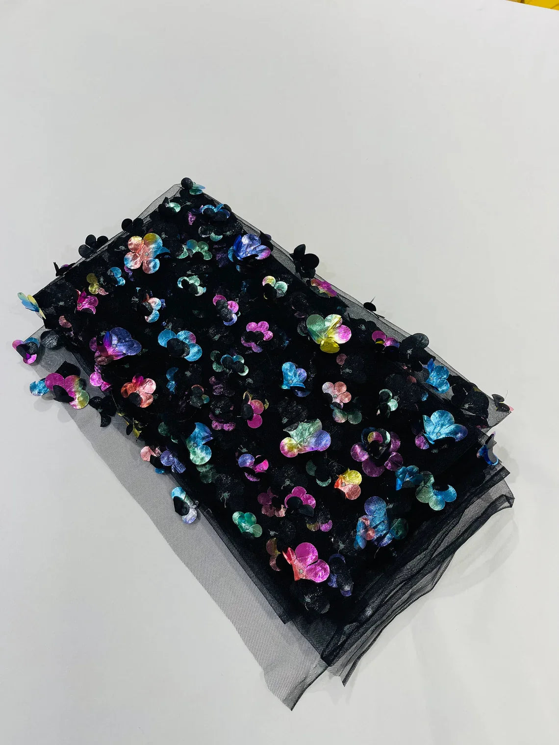 3D Holographic Rainbow Fabric - 3D Rainbow Foil Flowers on Solid Black Mesh Sold By Yard