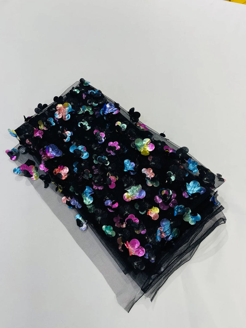 3D Holographic Rainbow Fabric - 3D Rainbow Foil Flowers on Solid Black Mesh Sold By Yard