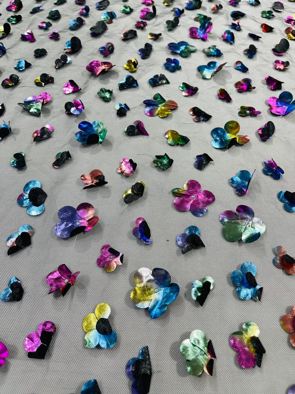 3D Holographic Rainbow Fabric - 3D Rainbow Foil Flowers on Solid Black Mesh Sold By Yard