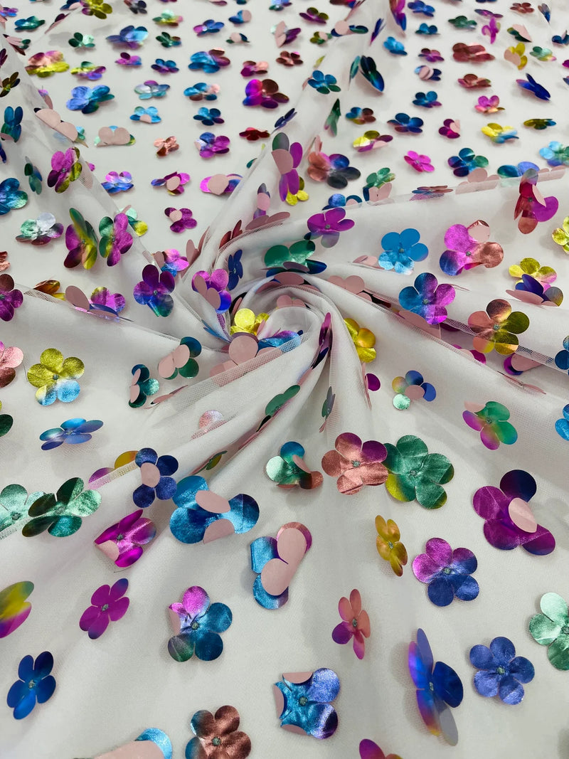 3D Holographic Rainbow Fabric - 3D Rainbow Foil Flowers on Solid White Mesh Sold By Yard