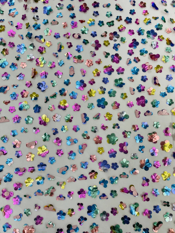 3D Holographic Rainbow Fabric - 3D Rainbow Foil Flowers on Solid White Mesh Sold By Yard