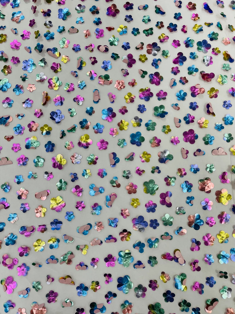 3D Holographic Rainbow Fabric - 3D Rainbow Foil Flowers on Solid White Mesh Sold By Yard
