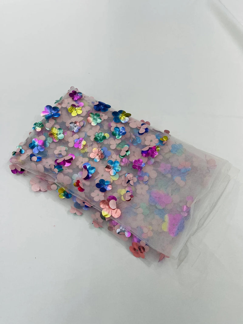 3D Holographic Rainbow Fabric - 3D Rainbow Foil Flowers on Solid White Mesh Sold By Yard