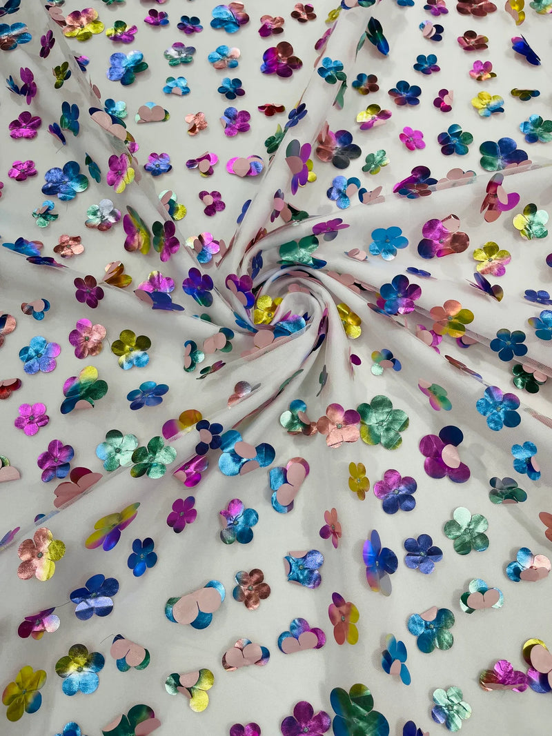 3D Holographic Rainbow Fabric - 3D Rainbow Foil Flowers on Solid White Mesh Sold By Yard