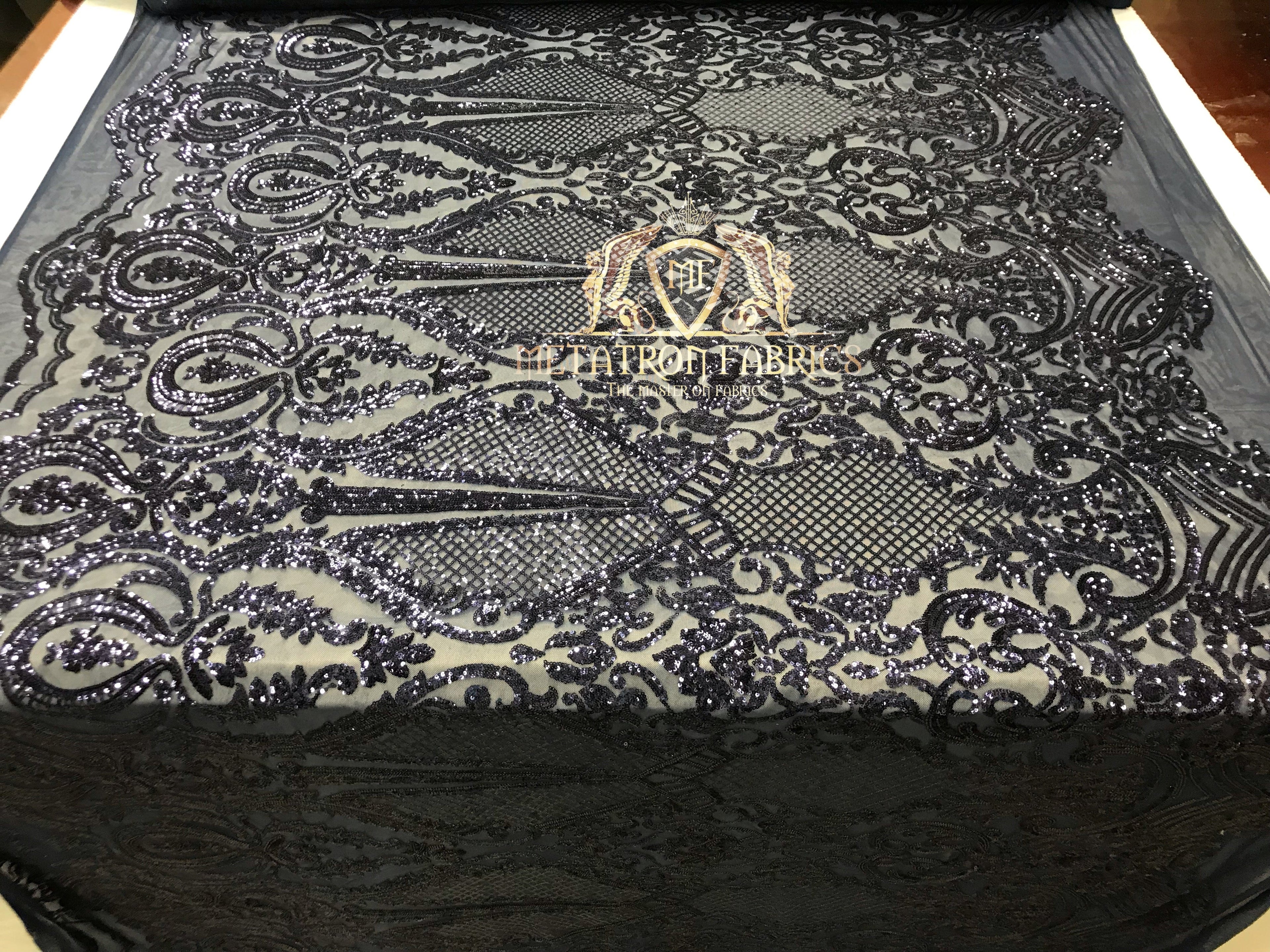 Sequins - Navy - 4 Way Stretch Fancy Fabric Embroidered On Mesh Sold By The Yard