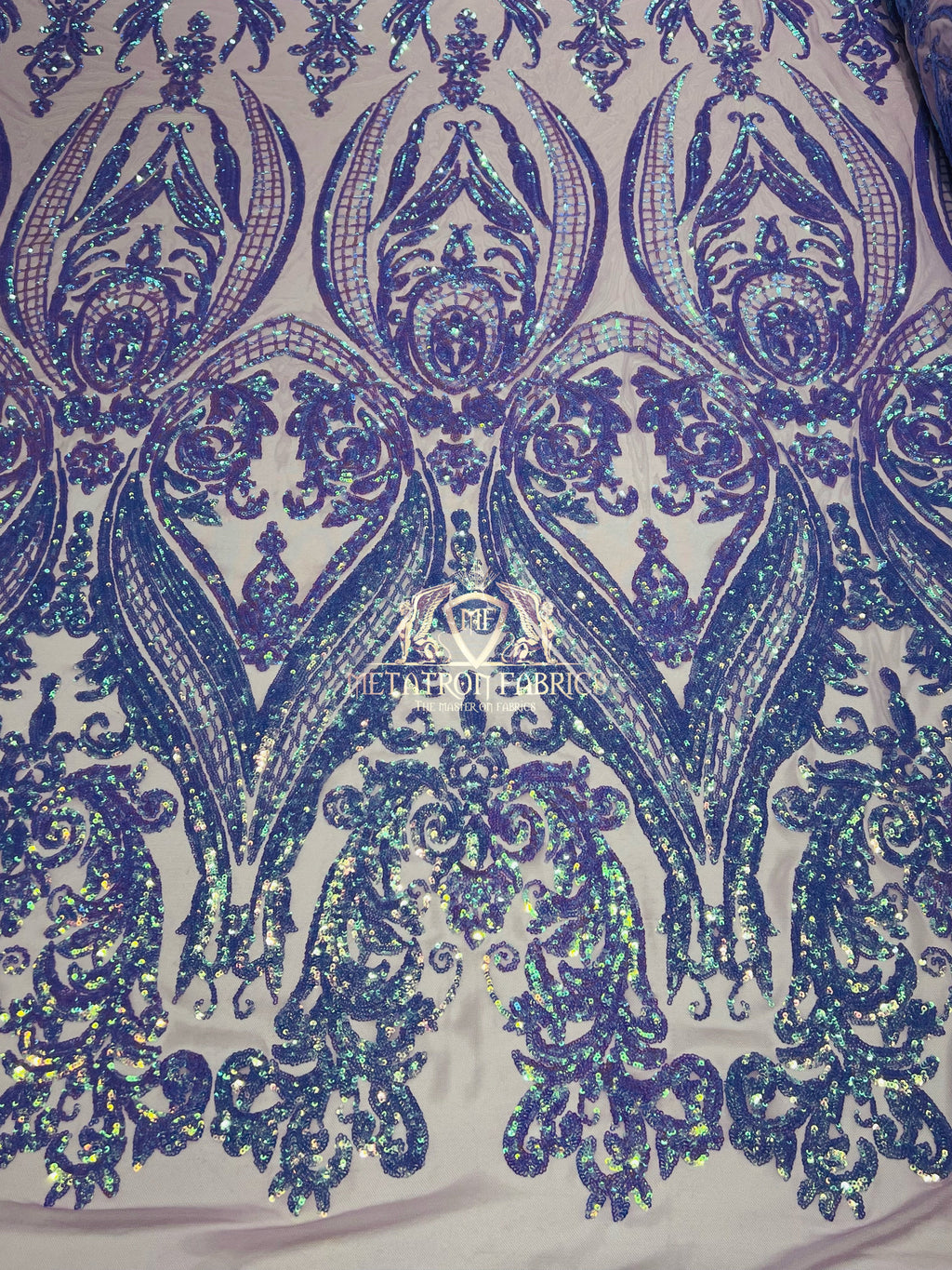 Big Damask Sequins Fabric - Iridescent Lilac - 4 Way Stretch Damask Sequins Design Fabric By Yard