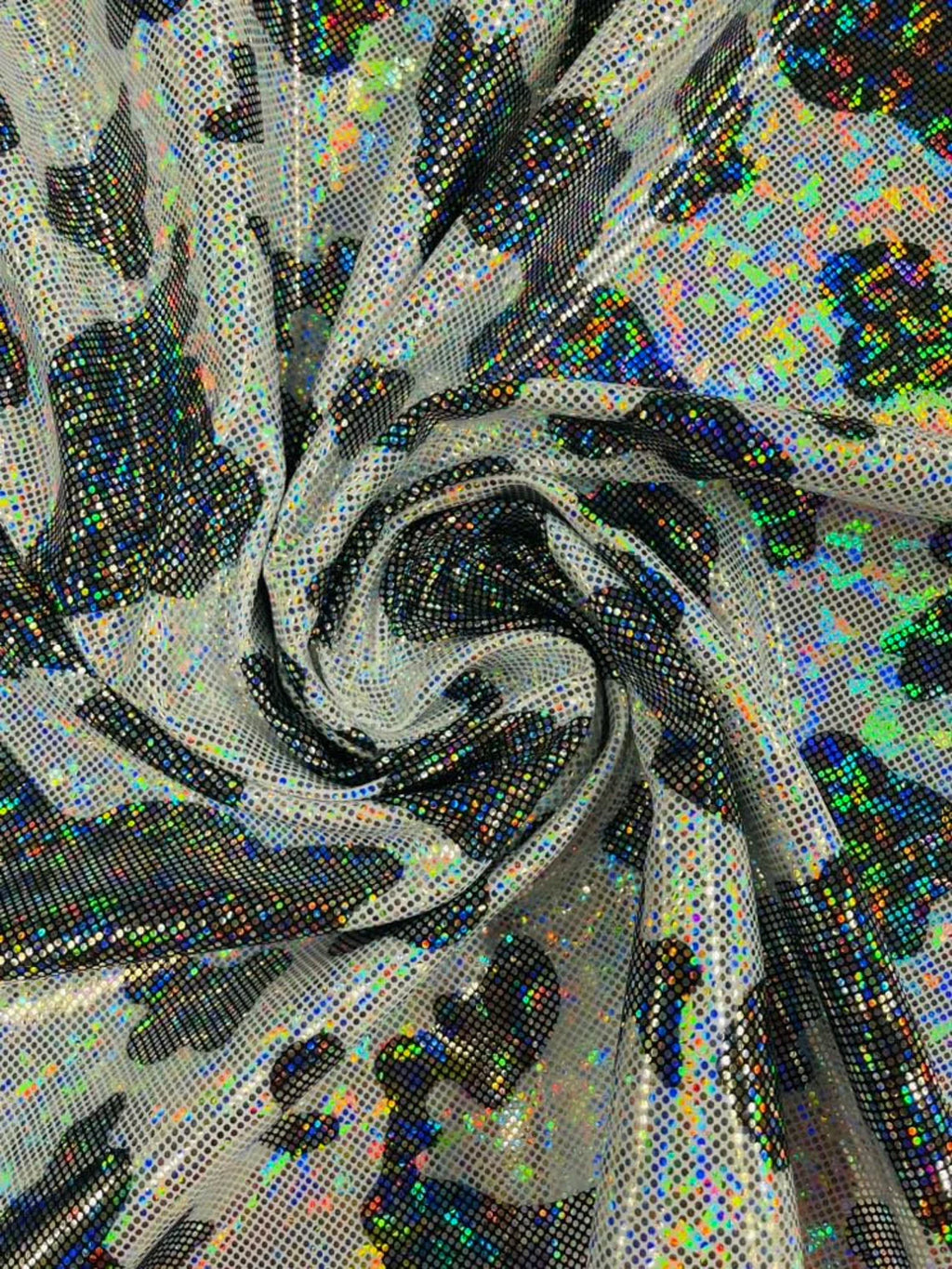 Cow Print Design Spandex - Black Iridescent Foil - Poly Spandex 4 Way Stretch Fabric By Yard