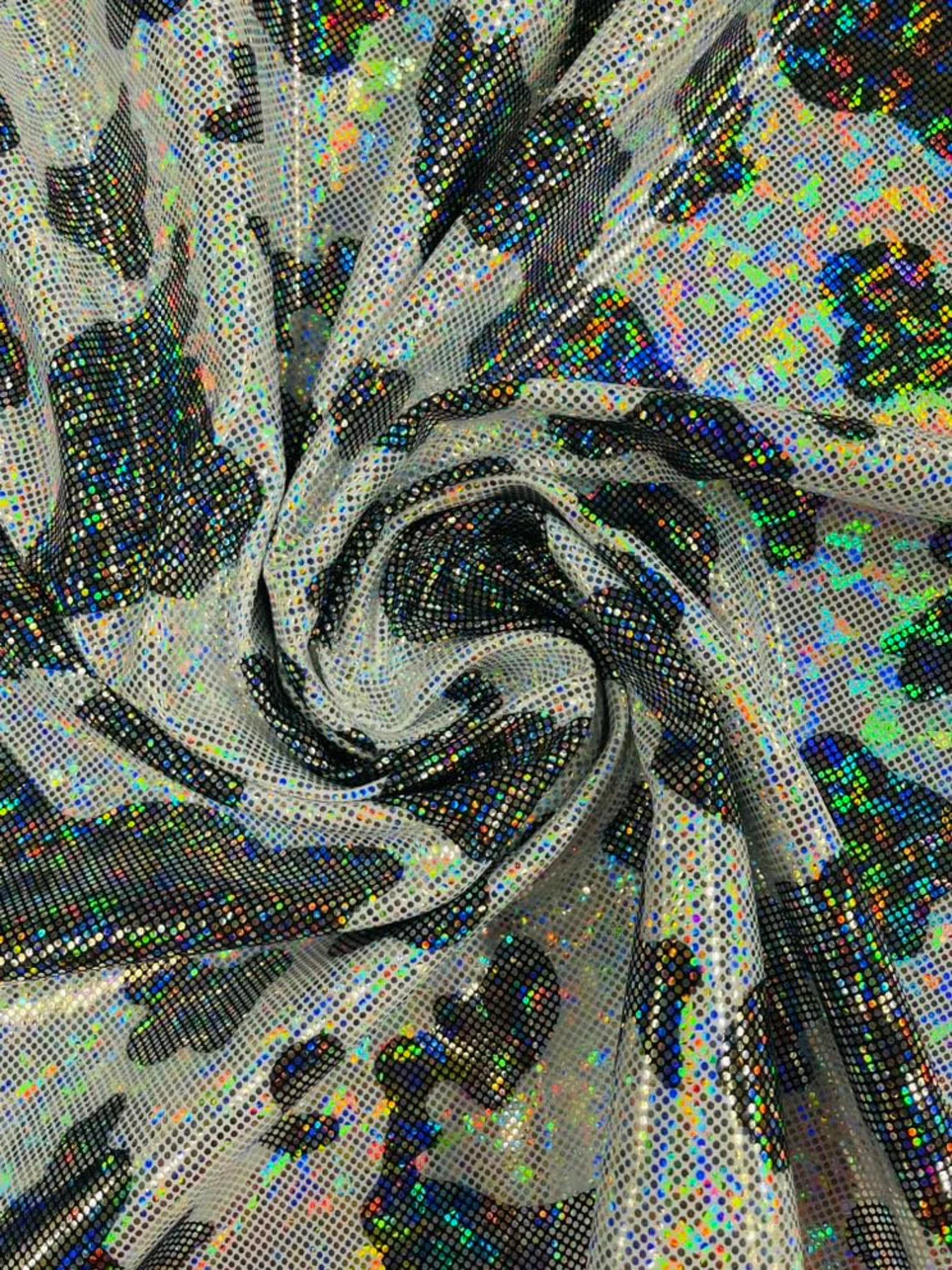 Cow Print Design Spandex - Black Iridescent Foil - Poly Spandex 4 Way Stretch Fabric By Yard