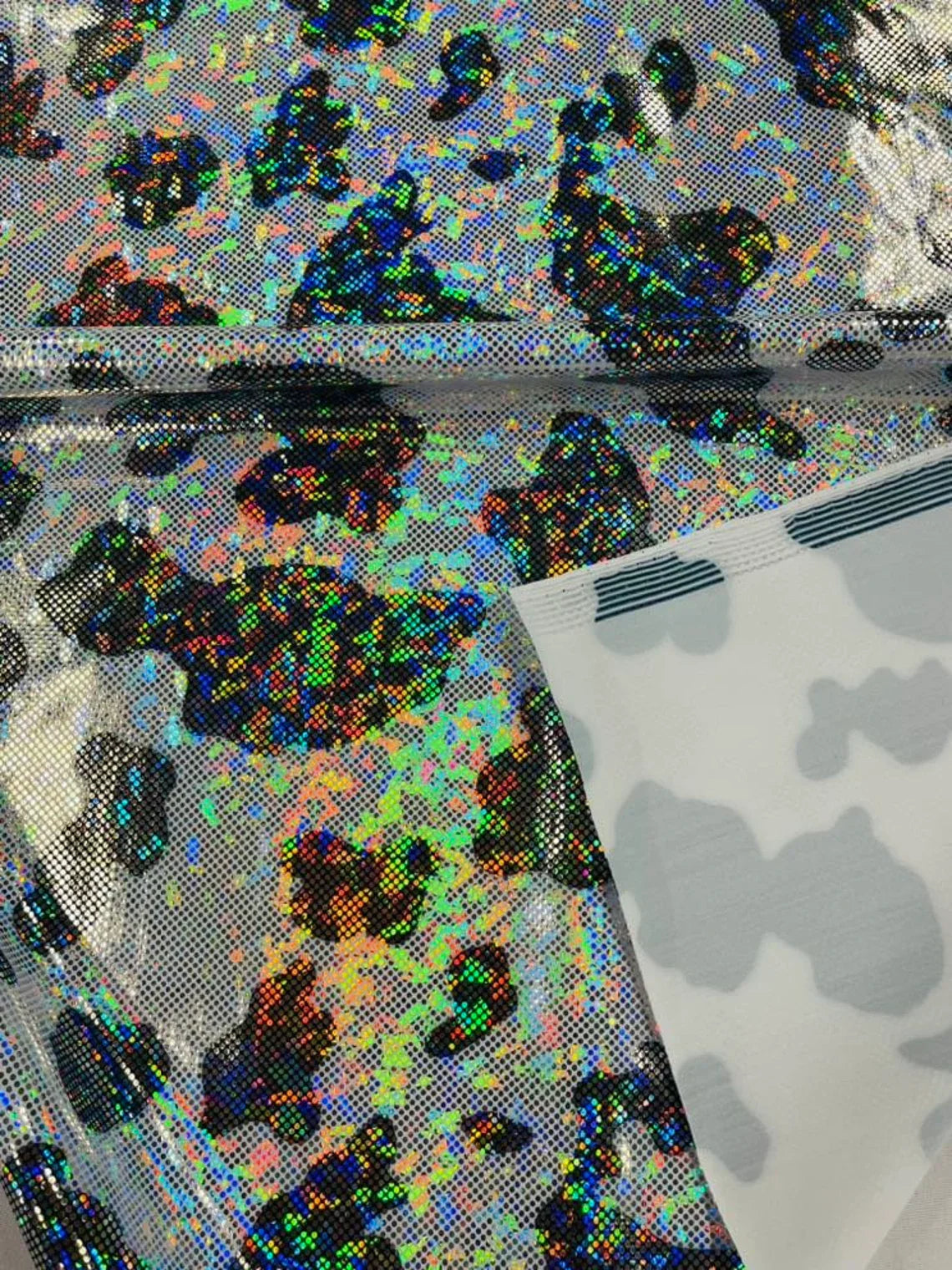 Cow Print Design Spandex - Black Iridescent Foil - Poly Spandex 4 Way Stretch Fabric By Yard