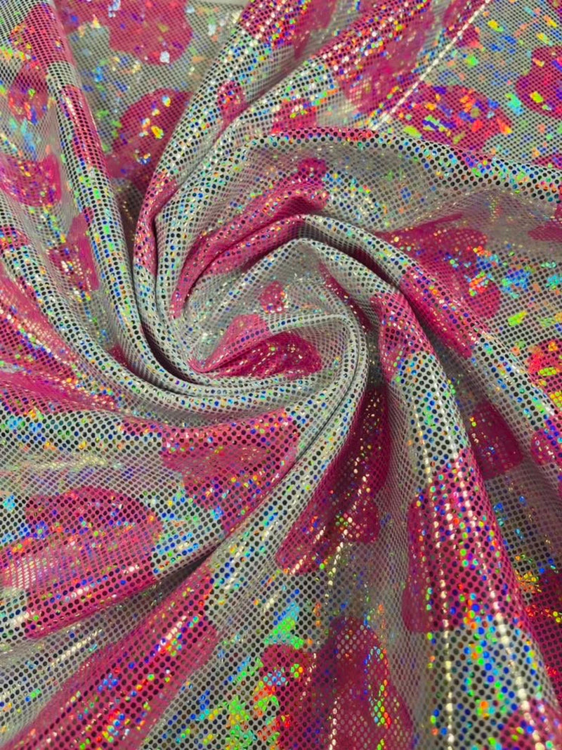 Cow Print Design Spandex - Hot Pink Iridescent Foil - Poly Spandex 4 Way Stretch Fabric By Yard