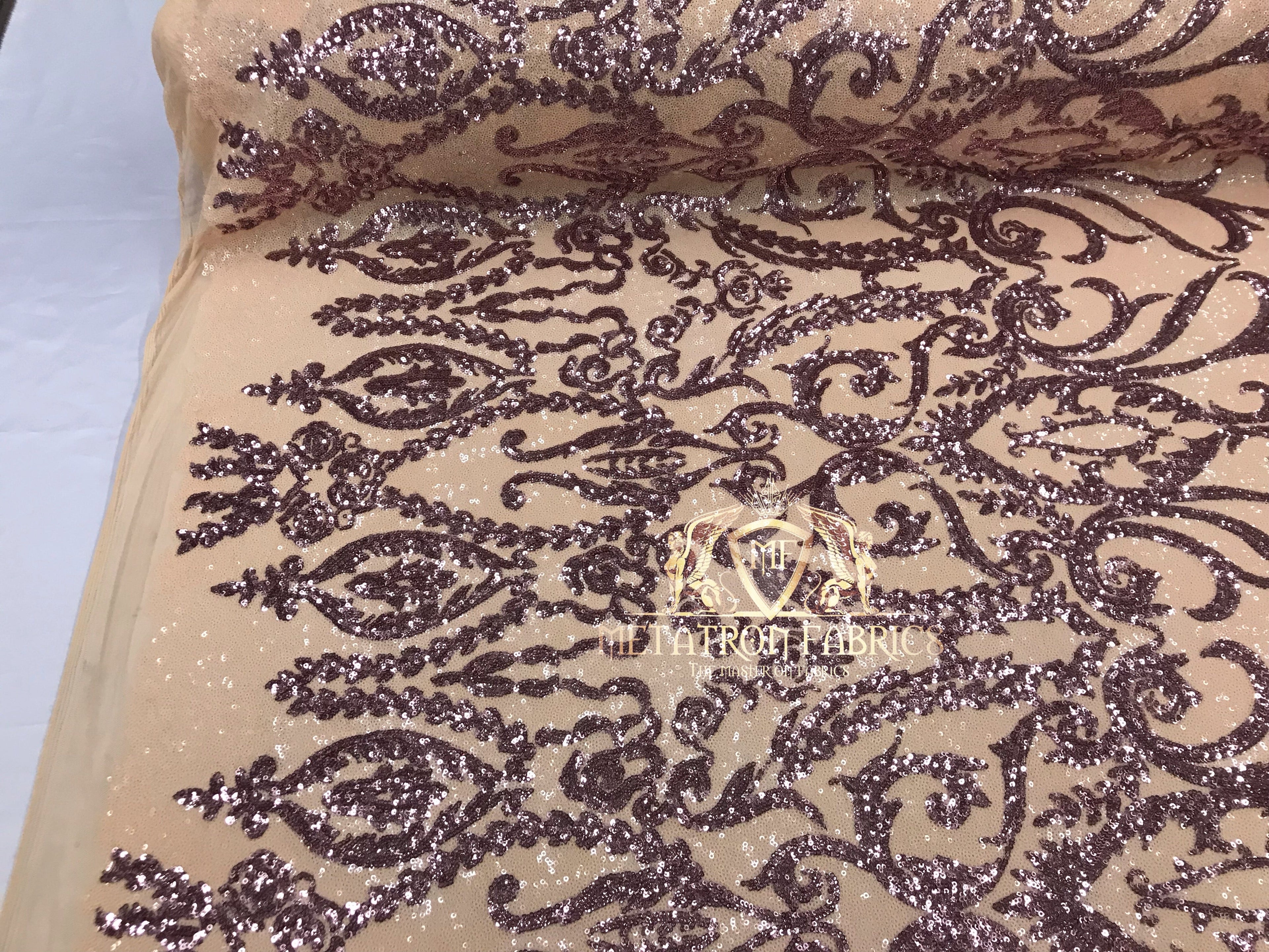 Two Tone Sequins - Dusty Rose/ Nude - 4 Way Stretch Fancy Design Mesh Fabric Sold By The Yard