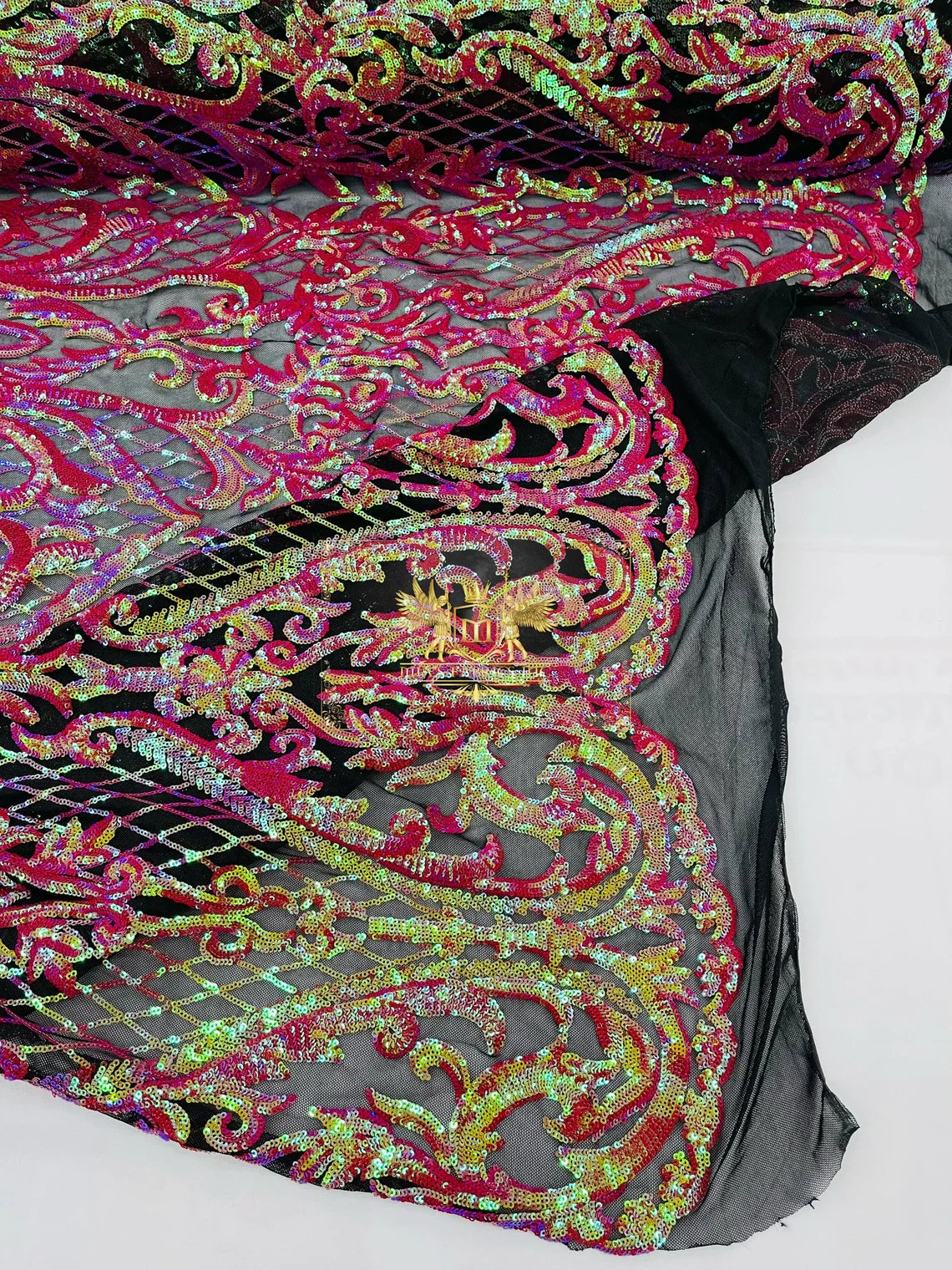 Heart Damask Sequins - Fuchsia/Orange Iridescent - 4 Way Stretch Elegant Shiny Net Sequins Fabric By Yard