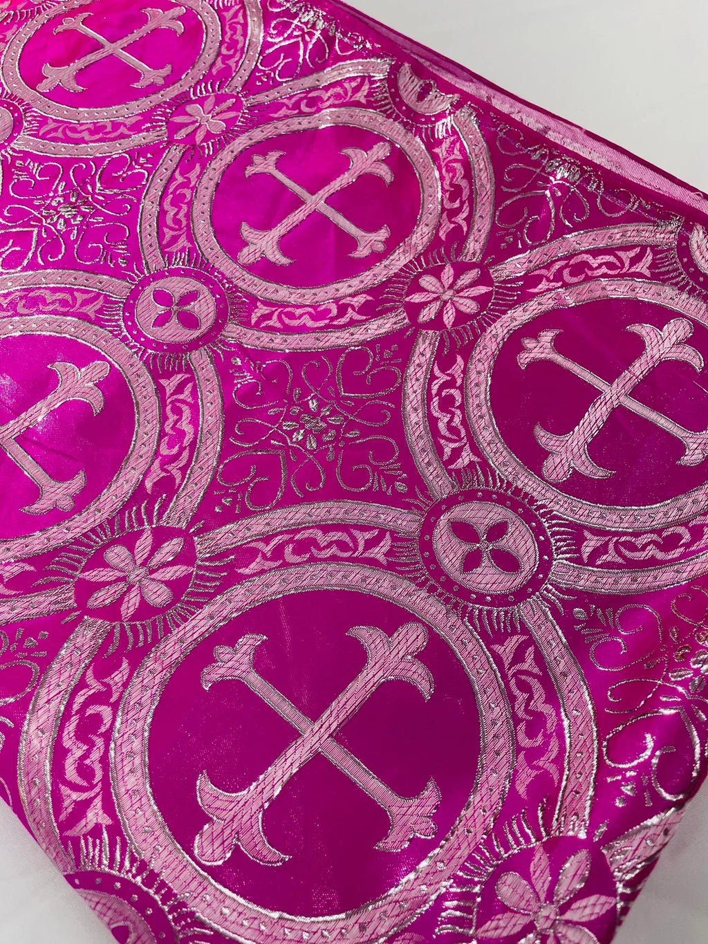 Brocade Cross Fabric - Fuchsia / Silver - Church Vestment Cross Religious Jacquard Fabric By Yard