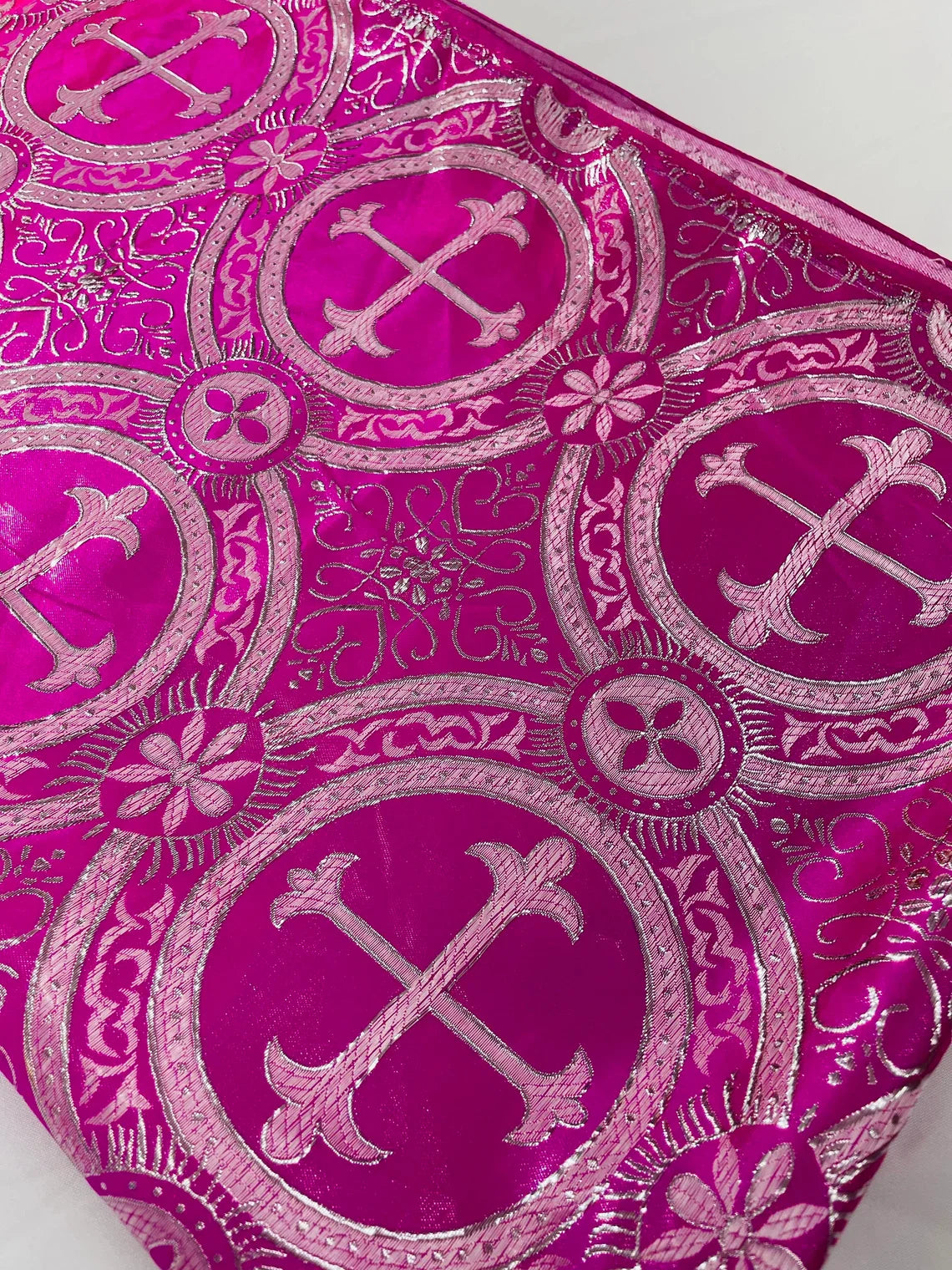 Brocade Cross Fabric - Fuchsia / Silver - Church Vestment Cross Religious Jacquard Fabric By Yard