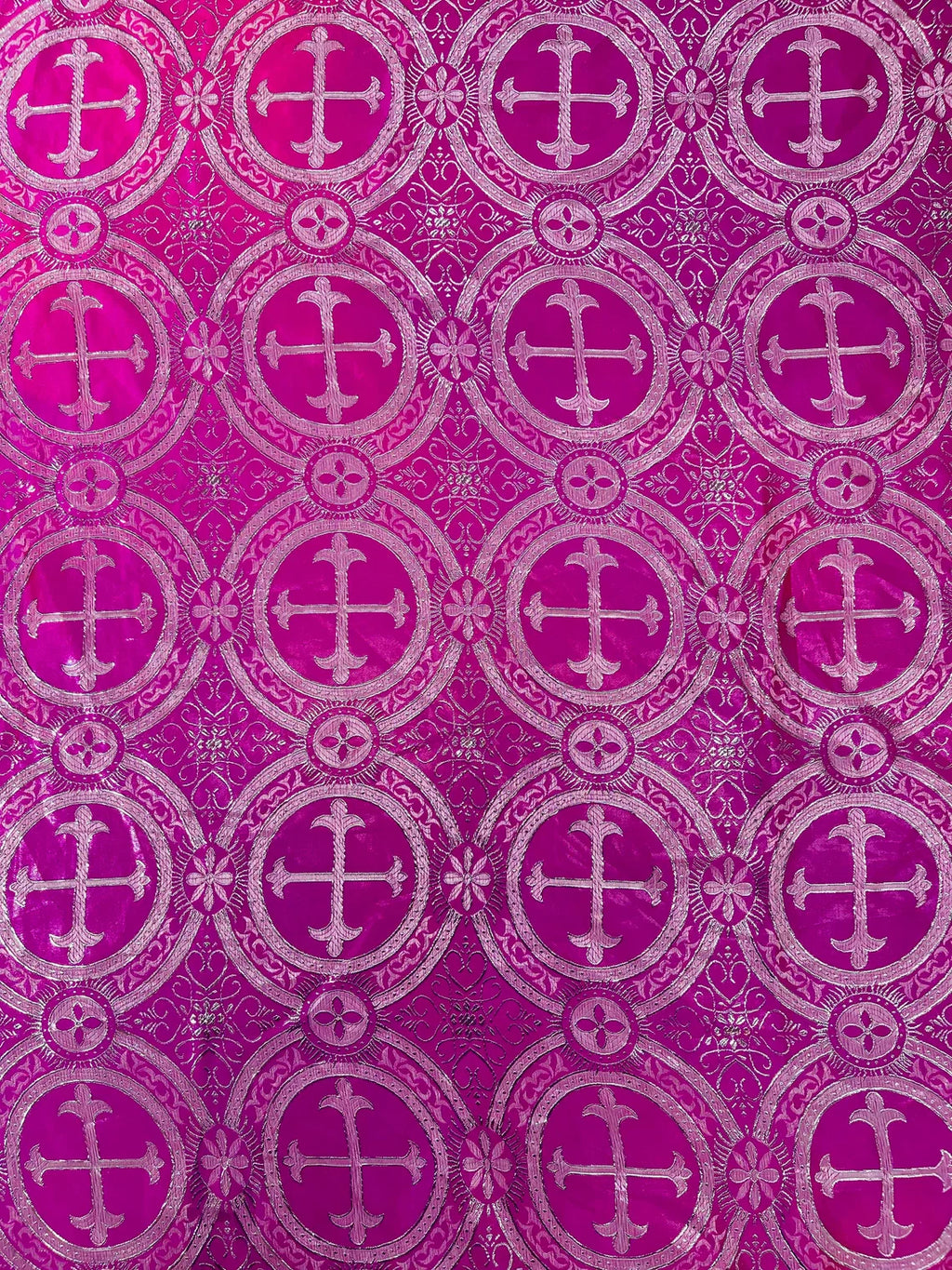 Brocade Cross Fabric - Fuchsia / Silver - Church Vestment Cross Religious Jacquard Fabric By Yard