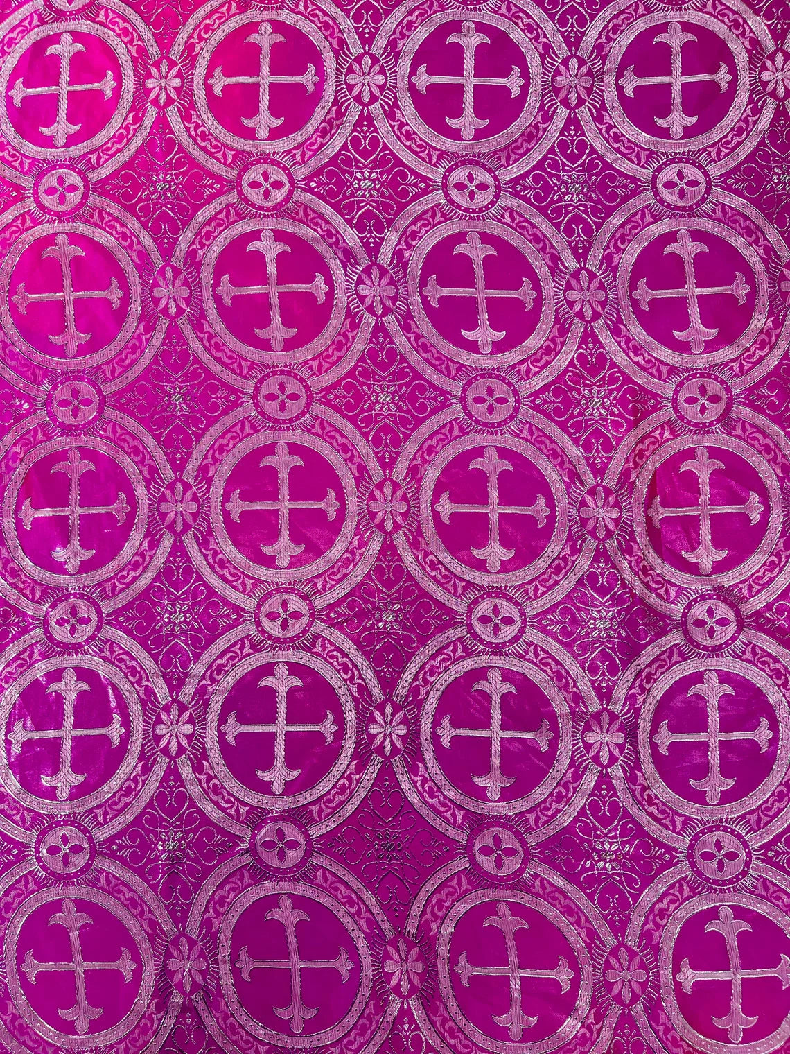 Brocade Cross Fabric - Fuchsia / Silver - Church Vestment Cross Religious Jacquard Fabric By Yard