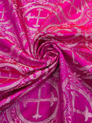Brocade Cross Fabric - Fuchsia / Silver - Church Vestment Cross Religious Jacquard Fabric By Yard
