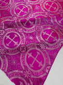 Brocade Cross Fabric - Fuchsia / Silver - Church Vestment Cross Religious Jacquard Fabric By Yard