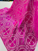 Brocade Cross Fabric - Fuchsia / Silver - Church Vestment Cross Religious Jacquard Fabric By Yard