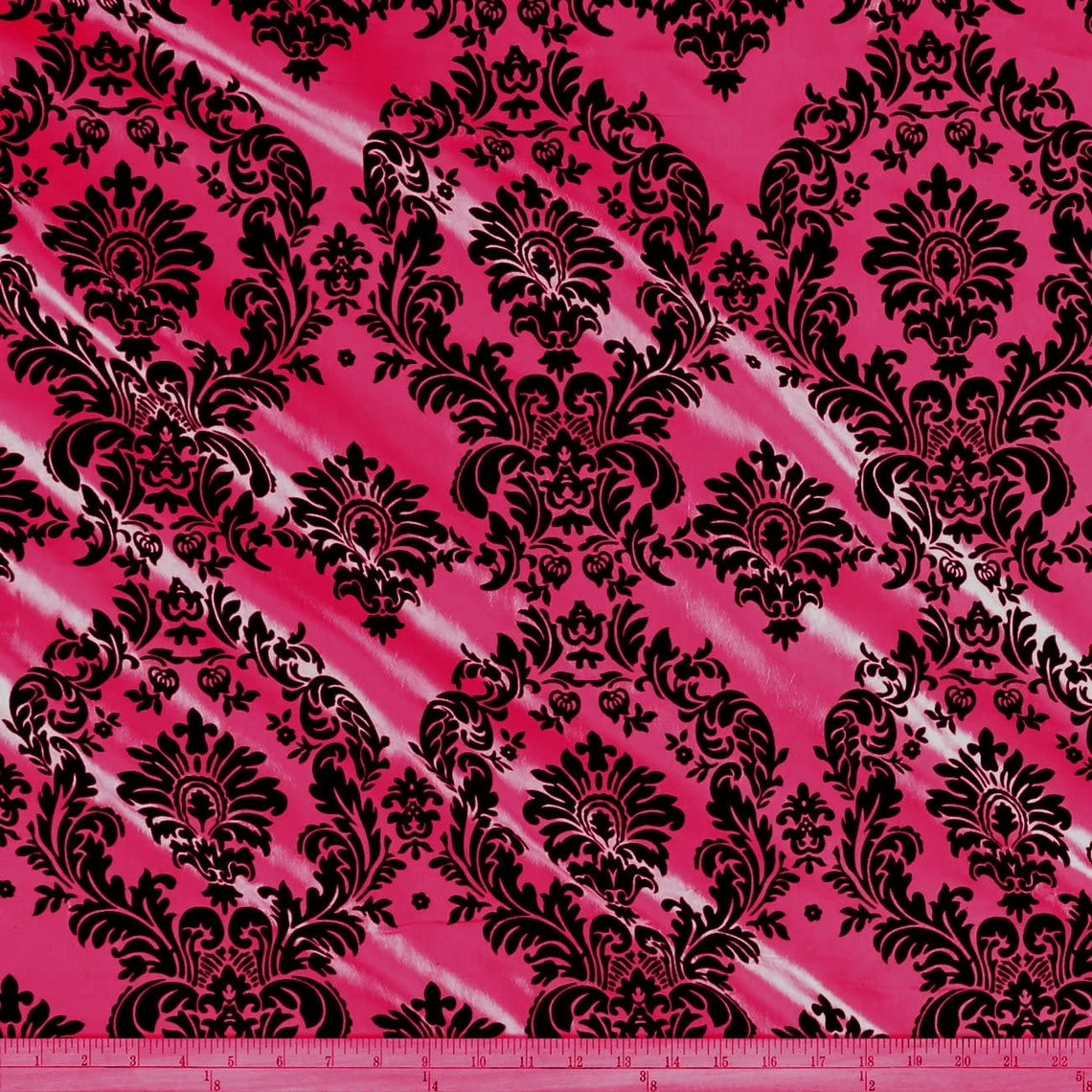 Flocked Taffeta Damask Design - Taffeta with Flocked Velvet Damask Design Sold By Yard