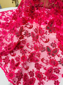 Butterfly Sequins Fabric - Fuchsia - Metallic Floral Butterfly Design on Lace Fabric By Yard