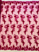 3D Flower Cluster Fabric - Fuchsia - 3D Flower Leaf Design Fabric with Pearls Sold By Yard