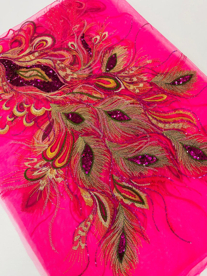 Peacock Feathers Lace Fabric - Fuchsia - Peacock Feather Design on Lace Mesh Fabric Sold by Panel