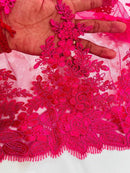 Corded Floral 3D Fabric - Fuchsia - Embroidered Floral Design on Lace Mesh Fabric by Yard