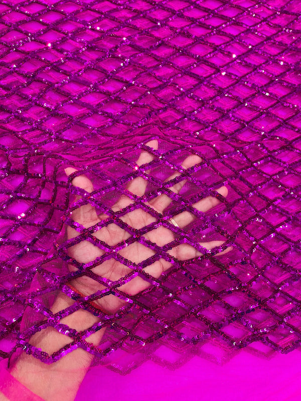 Diamond Sequins Fabric - Fuchsia - Diamond Geometric Net Design on Mesh Lace Fabric By Yard