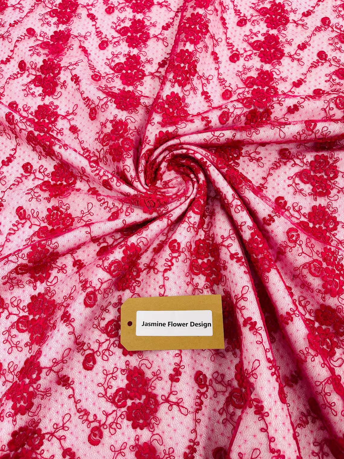 Embroidered Flower Fabric - Fuchsia - Floral Design Scalloped Border Fabric By Yard