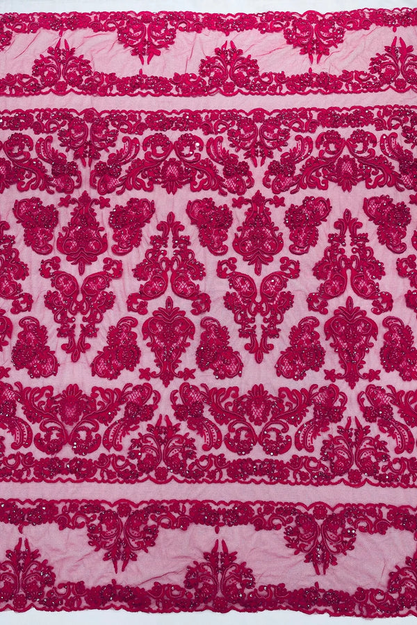 Beaded My Lady Damask Design - Fuchsia - Beaded Fancy Damask Embroidered Fabric By Yard