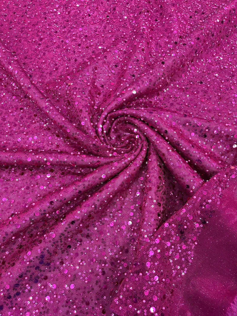 Shimmer Glitter Bead Fabric - Fuchsia - Sparkle Stretch Sequins Bead Shiny Glitter Fabric By Yard
