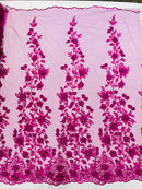 Flower 3D Fabric - Fuchsia - Embroided Fabric Flower Pearls and Leaf Decor Sold by The Yard
